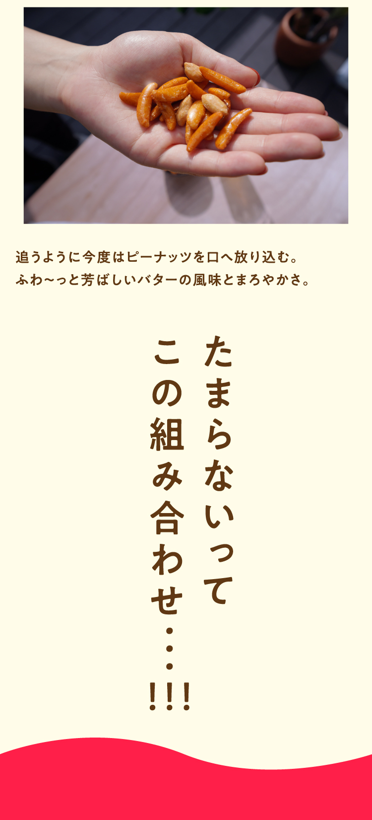 追うように今度はピーナッツを口へ放り込む。ふわ～っと芳ばしいバターの風味とまろやかさ。たまらないってこの組み合わせ・・・！！！