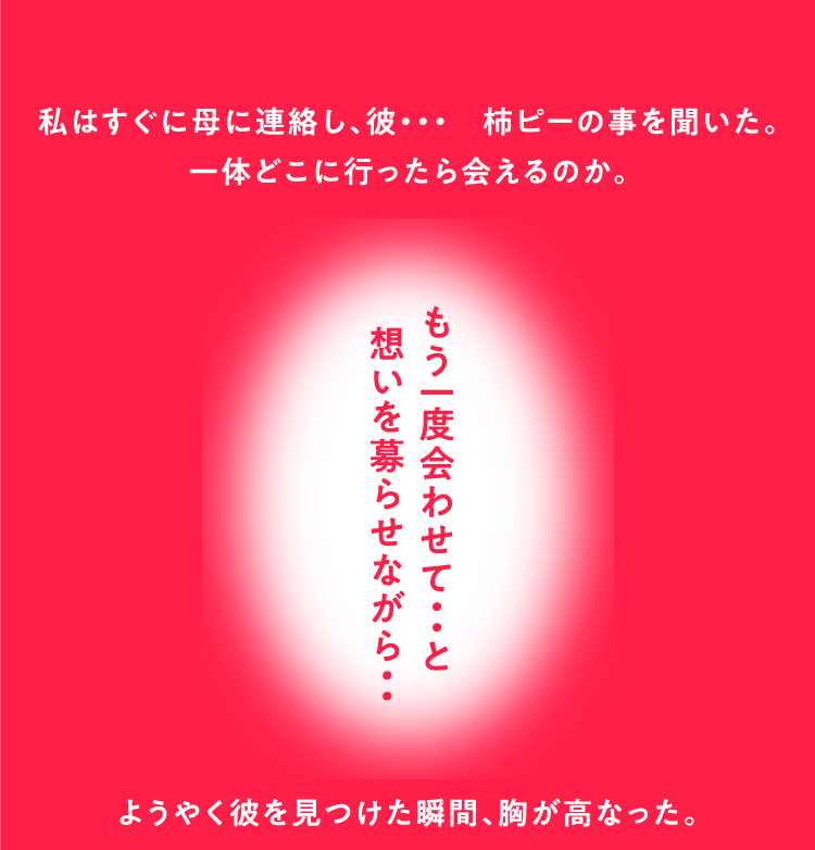 私はすぐに母に連絡し、彼・・・柿ピーの事を聞いた。一体どこに行ったら会えるのか。ようやく彼を見つけた瞬間、胸が高なった。